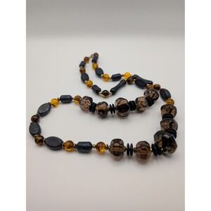 Vintage Amber Brown Black Beaded Necklace Costume Statement Jewelry